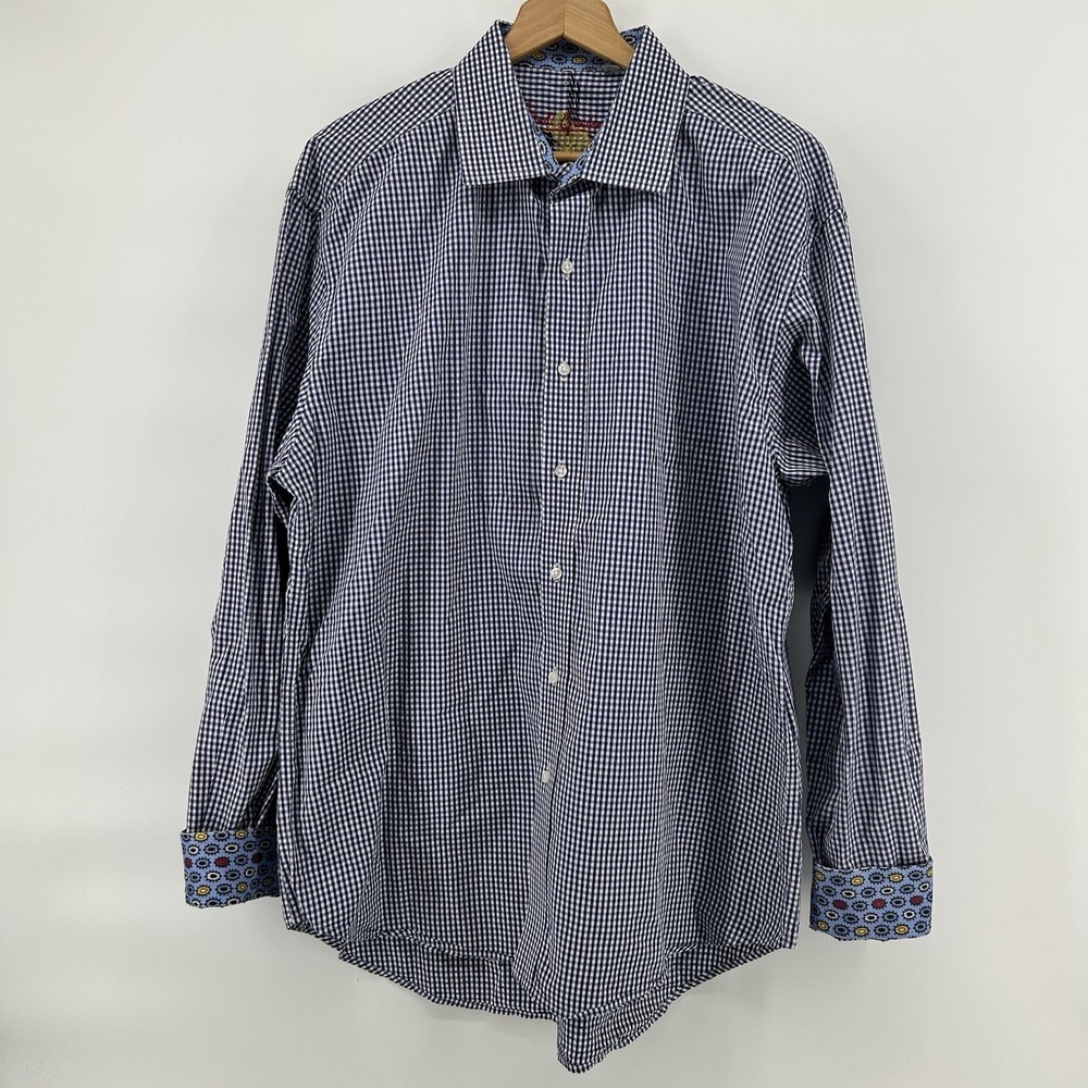 Robert Graham Shirt Mens 2XL Blue Gingham Flip Cuff Gear Motif Designer‎ Modern